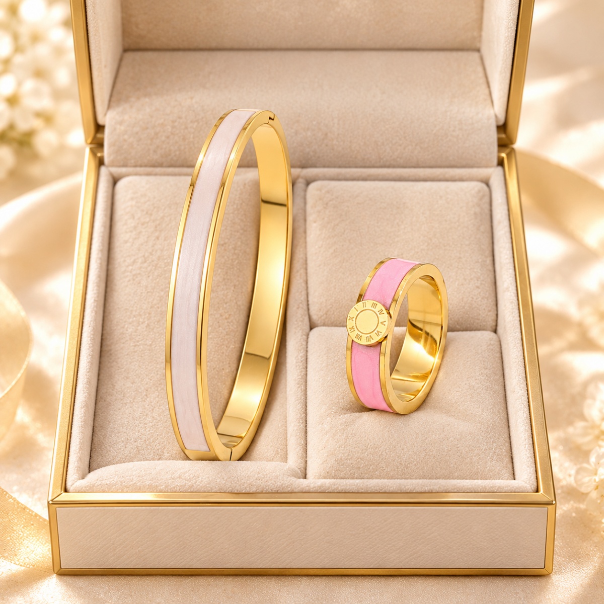 2pc Women's Iridescent Inlay Bangle & Roman Numeral Ring Set